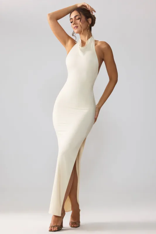 Premium Jersey Cowl Neck Backless Maxi Dress in Ivory sold by Oh Polly