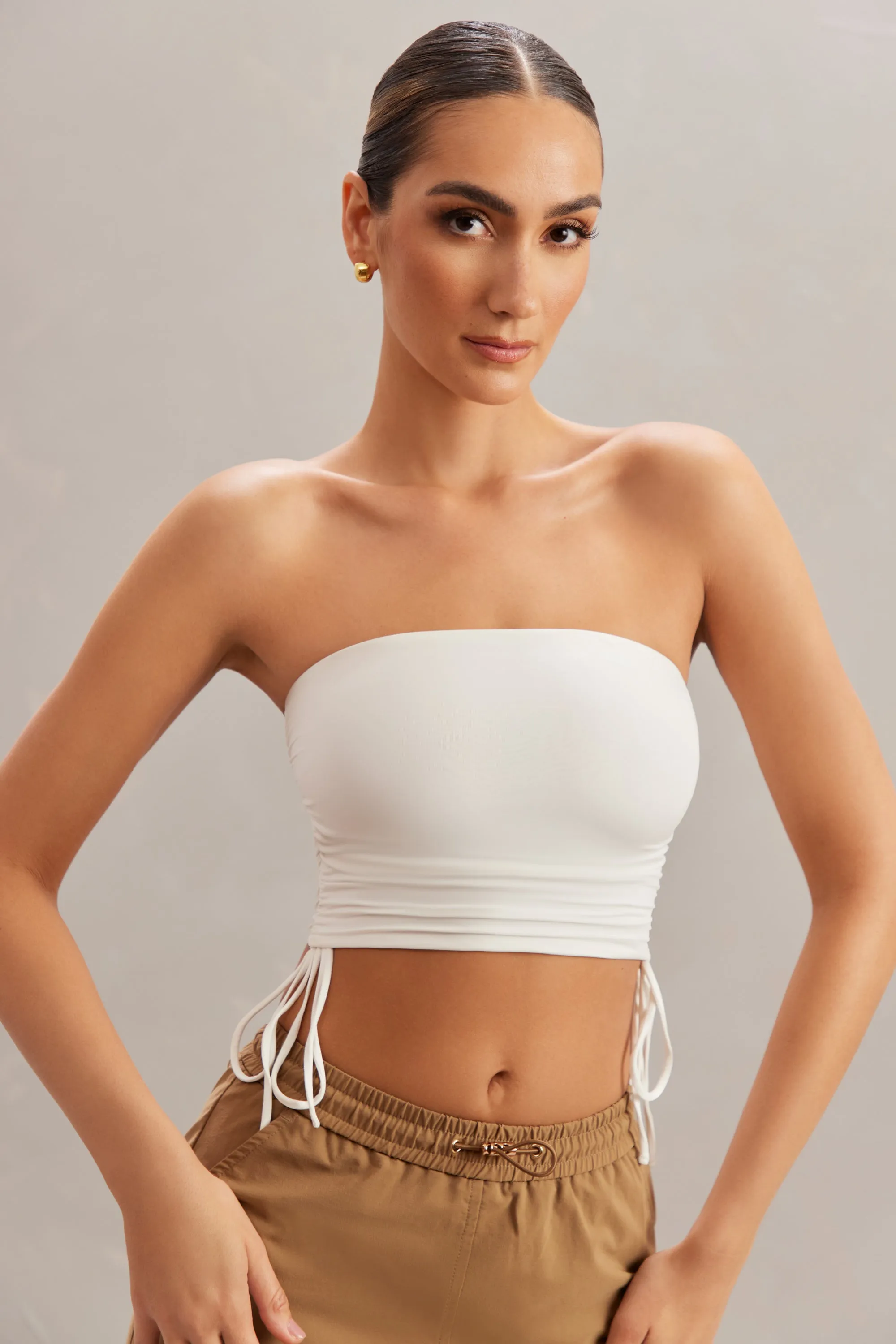 Ruched Bandeau Crop Top in Ivory sold by Oh Polly