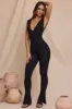 Plunge Neck Ruched Waist Jumpsuit in Black sold by Oh Polly
