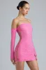 Embellished Lace-Up Off-Shoulder Mini Dress in Bubblegum Pink sold by Oh Polly