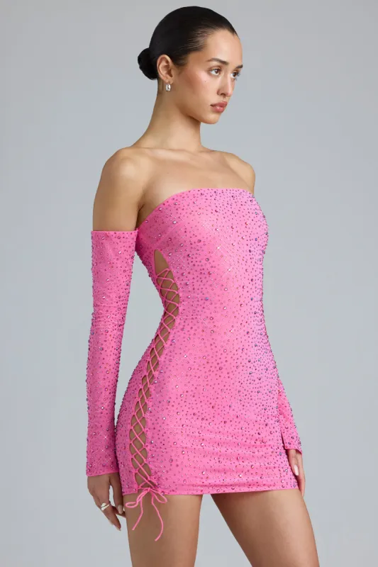 Embellished Lace-Up Off-Shoulder Mini Dress in Bubblegum Pink sold by Oh Polly