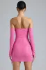 Embellished Lace-Up Off-Shoulder Mini Dress in Bubblegum Pink sold by Oh Polly