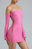 Embellished Lace-Up Off-Shoulder Mini Dress in Bubblegum Pink sold by Oh Polly