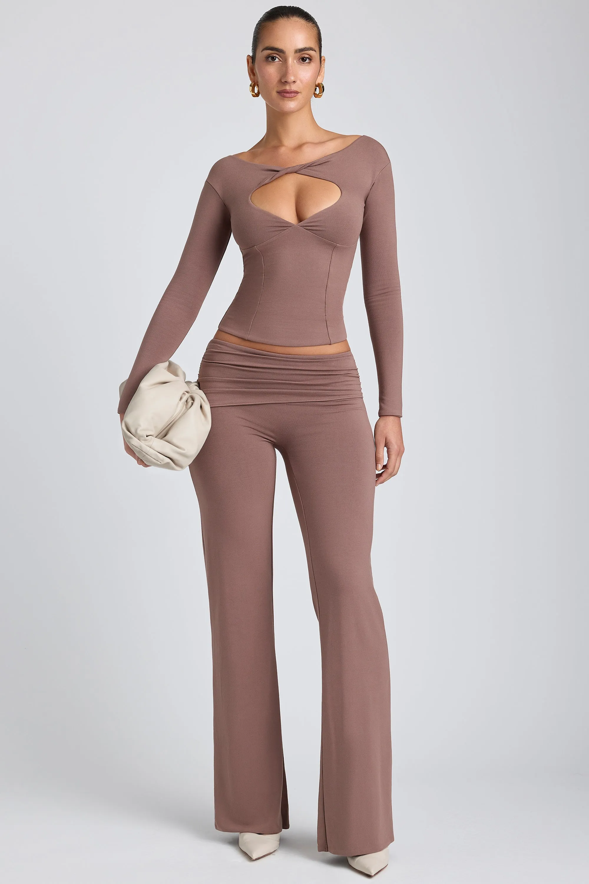 Mid-Rise Straight-Leg Trousers in Taupe sold by Oh Polly
