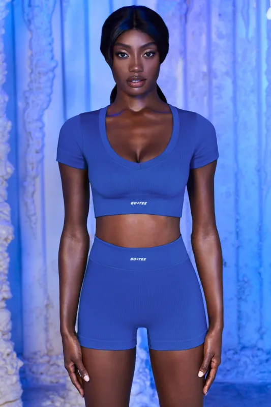 V Neck Short Sleeve Crop Top in Blue sold by Oh Polly