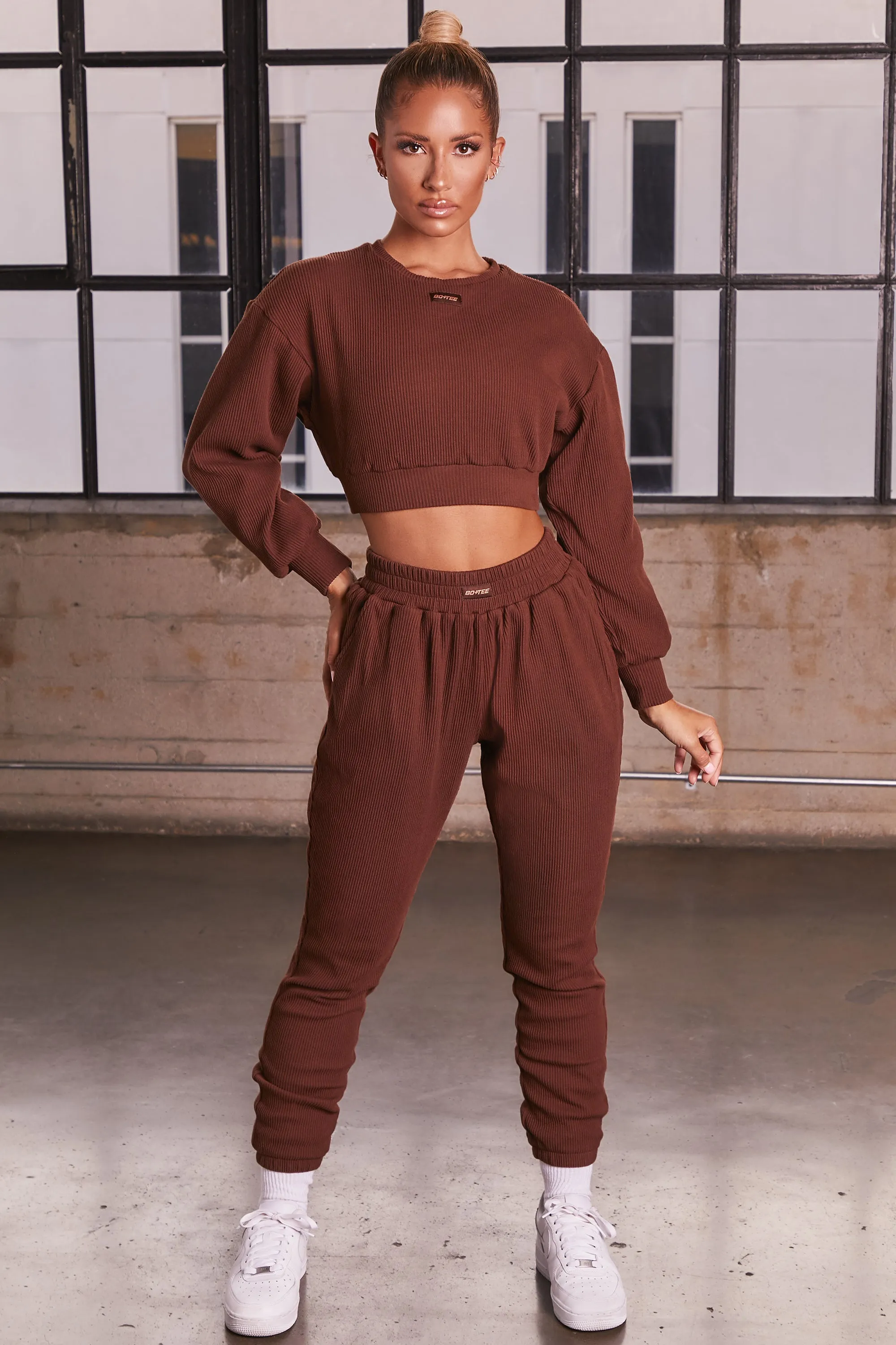 Ribbed Cropped Oversized Sweatshirt in Chocolate Brown sold by Oh Polly product image thumbnail 5