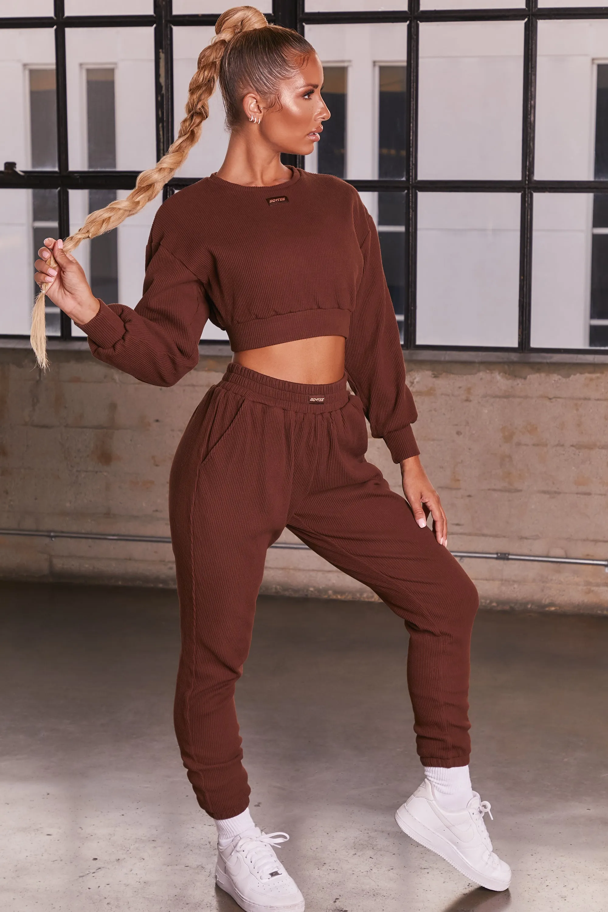 Ribbed Cropped Oversized Sweatshirt in Chocolate Brown sold by Oh Polly product image thumbnail 2