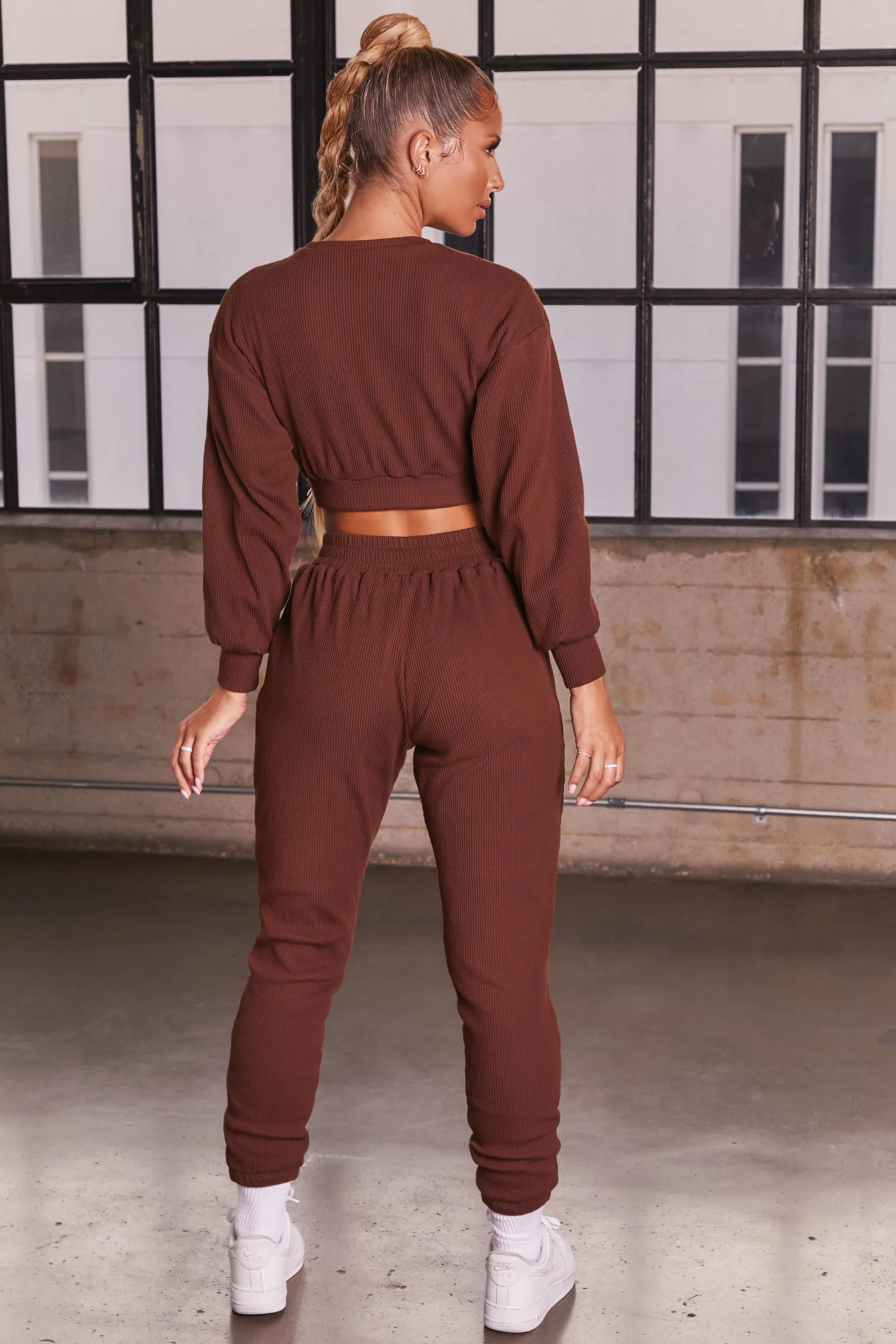Ribbed Cropped Oversized Sweatshirt in Chocolate Brown sold by Oh Polly product image thumbnail 4