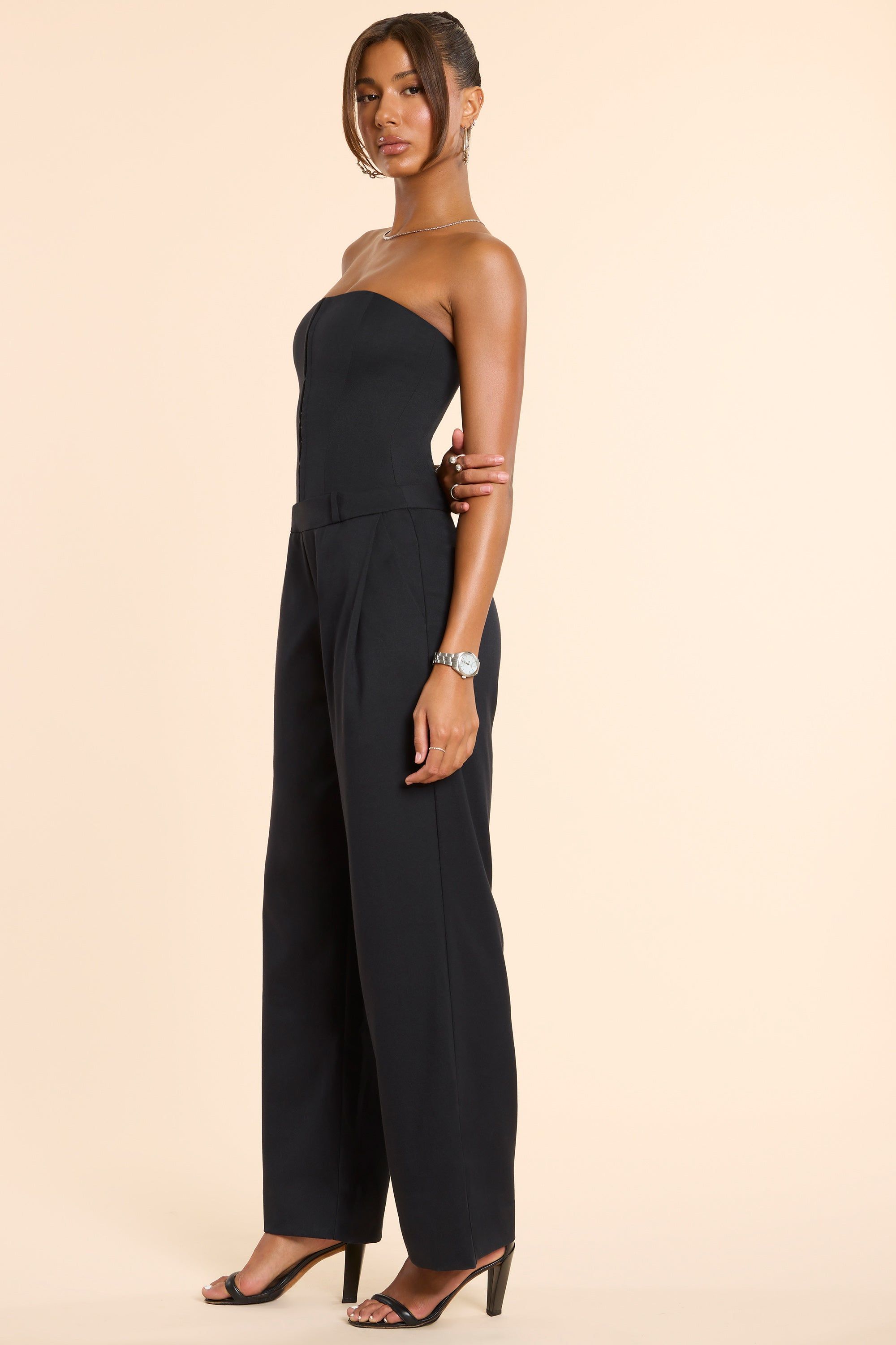 Woven Wool Bandeau Corset Jumpsuit in Black sold by Oh Polly product image thumbnail 3