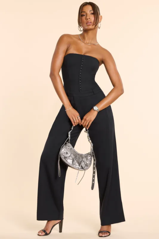 Brushed Twill Bandeau Corset Jumpsuit in Black sold by Oh Polly