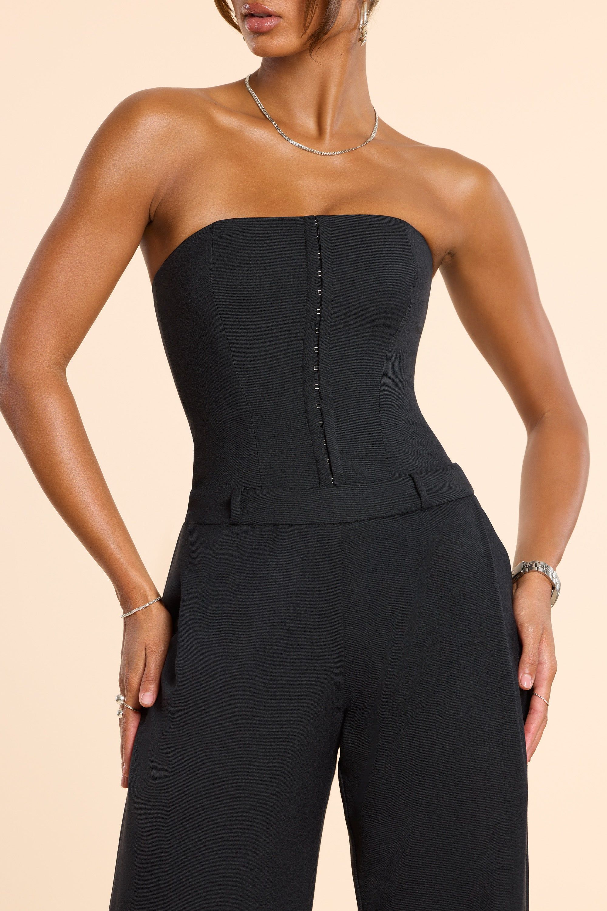 Woven Wool Bandeau Corset Jumpsuit in Black sold by Oh Polly product image thumbnail 7