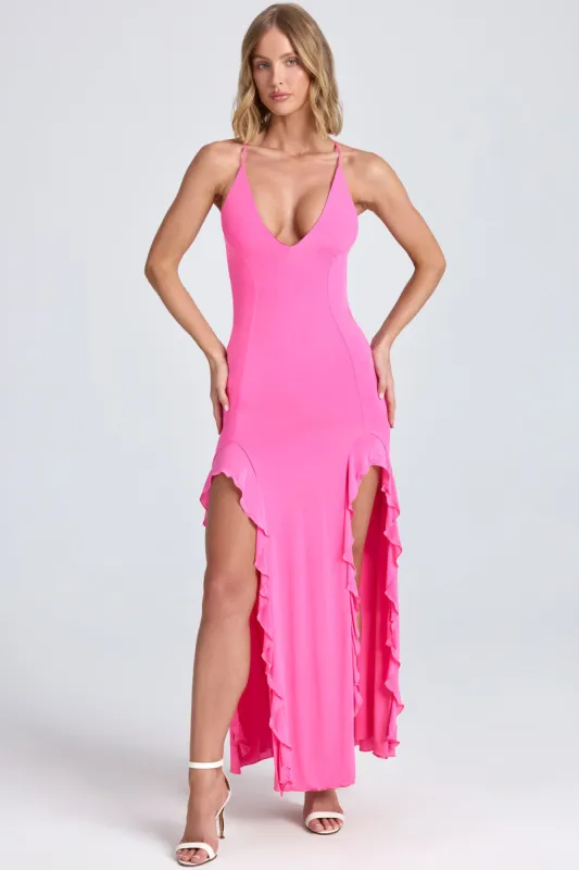 Ruched Ruffle-Trim Maxi Dress in Lollipop Pink sold by Oh Polly