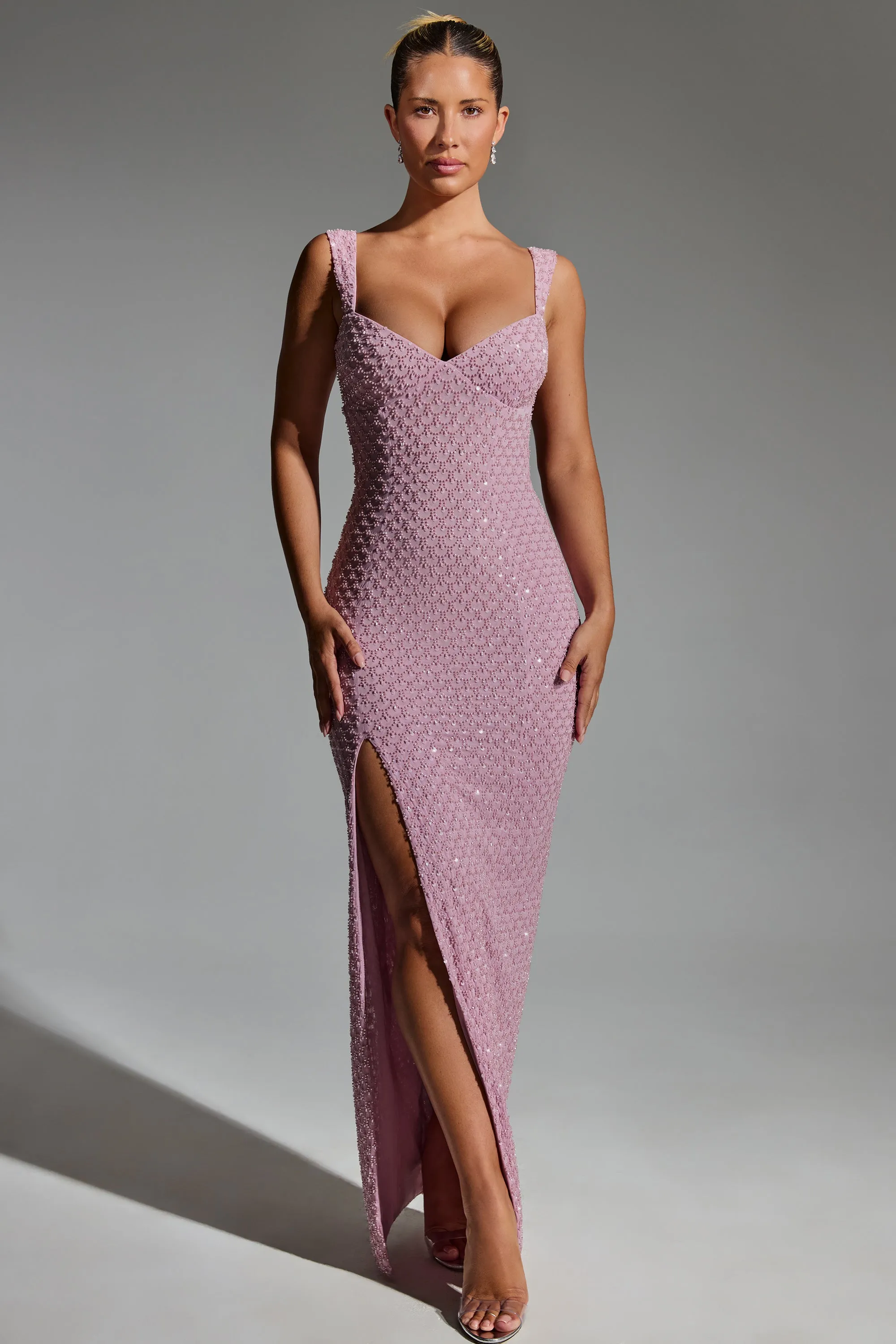Embellished Open-Back Maxi Dress in Mauve sold by Oh Polly