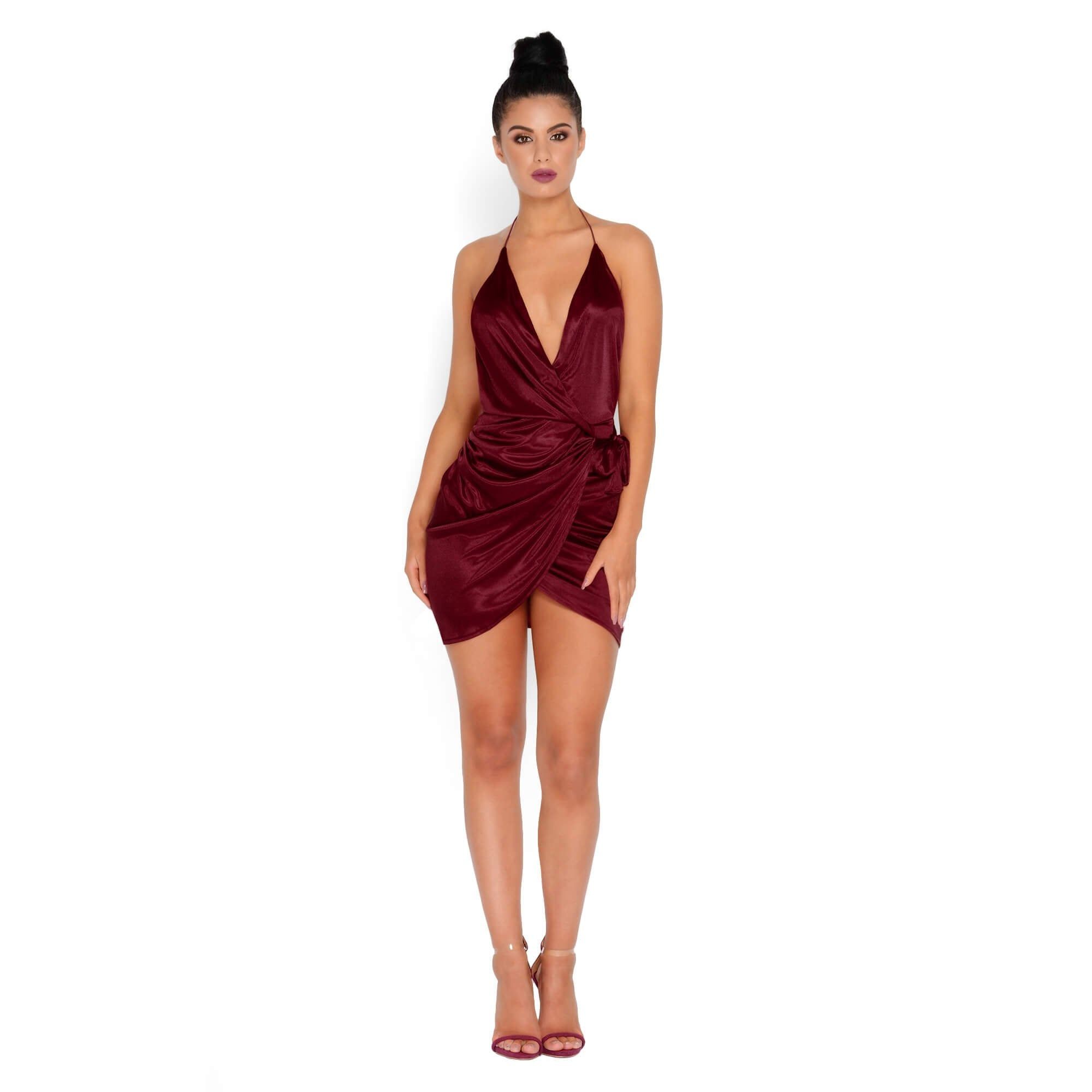 Holy Wrap Satin Wrap Mini Dress in Wine sold by Oh Polly product image thumbnail 10