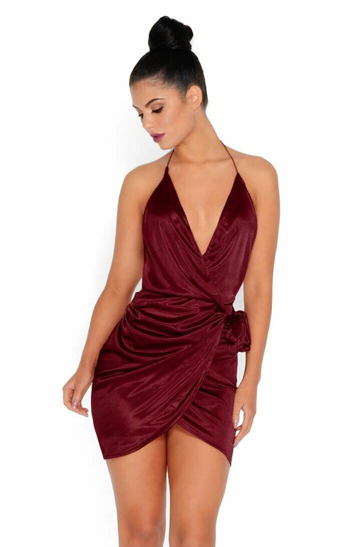 Holy Wrap Satin Wrap Mini Dress in Wine sold by Oh Polly product image thumbnail 5