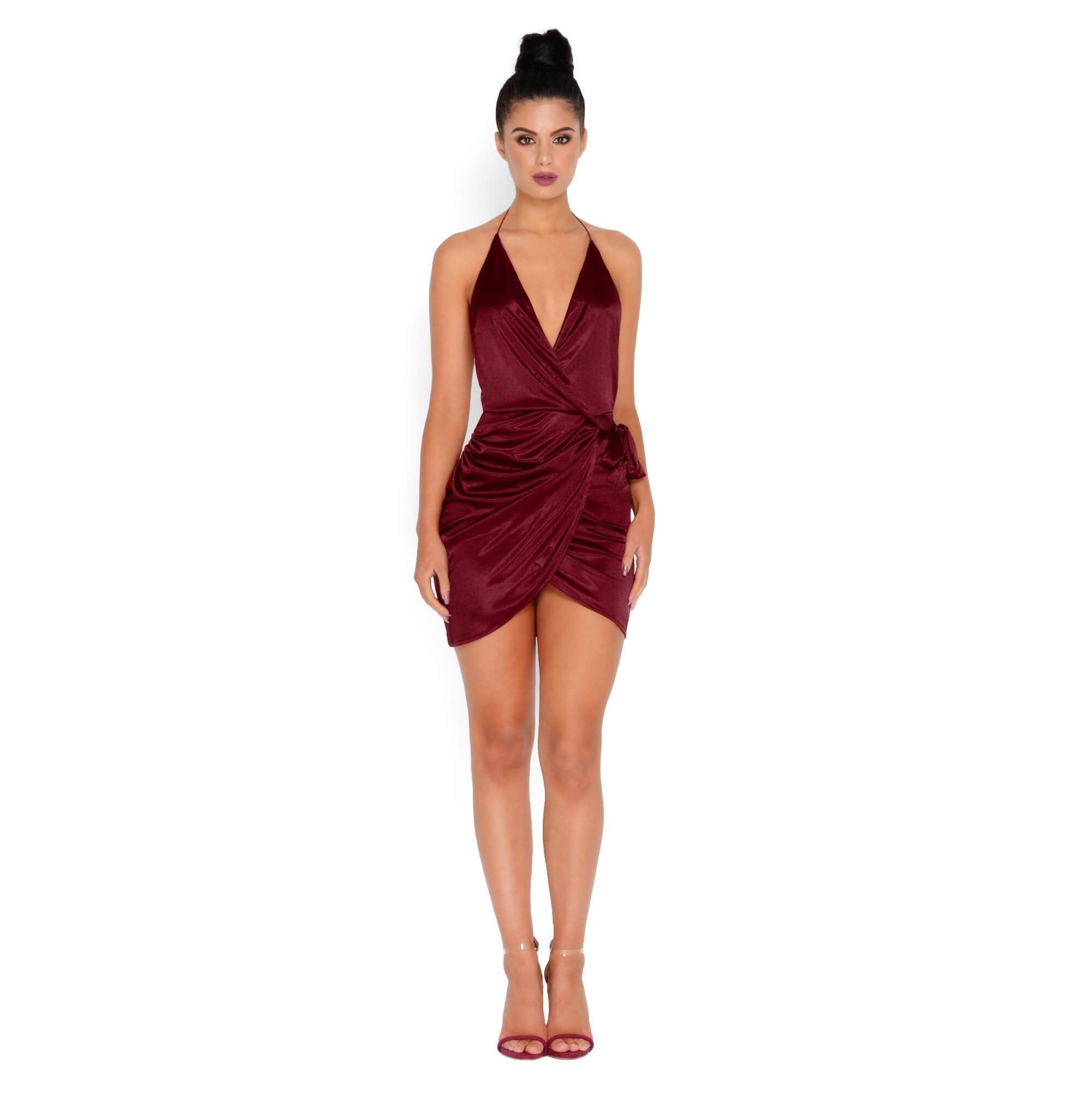 Holy Wrap Satin Wrap Mini Dress in Wine sold by Oh Polly product image thumbnail 11