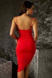Asymmetric Midi Dress in Red sold by Oh Polly