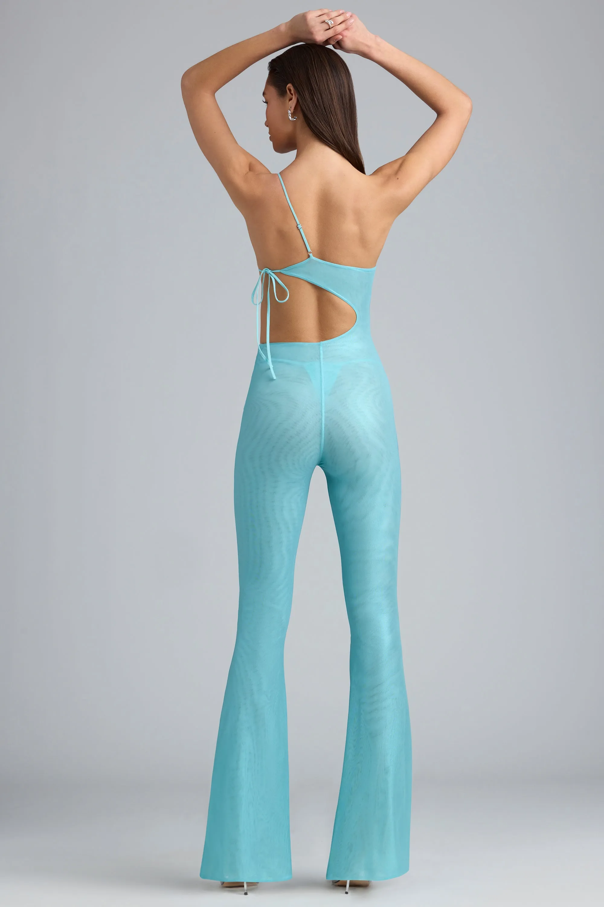Tall Metallic Ruched Cut-Out Flared Jumpsuit in Ice Blue sold by Oh Polly product image thumbnail 2