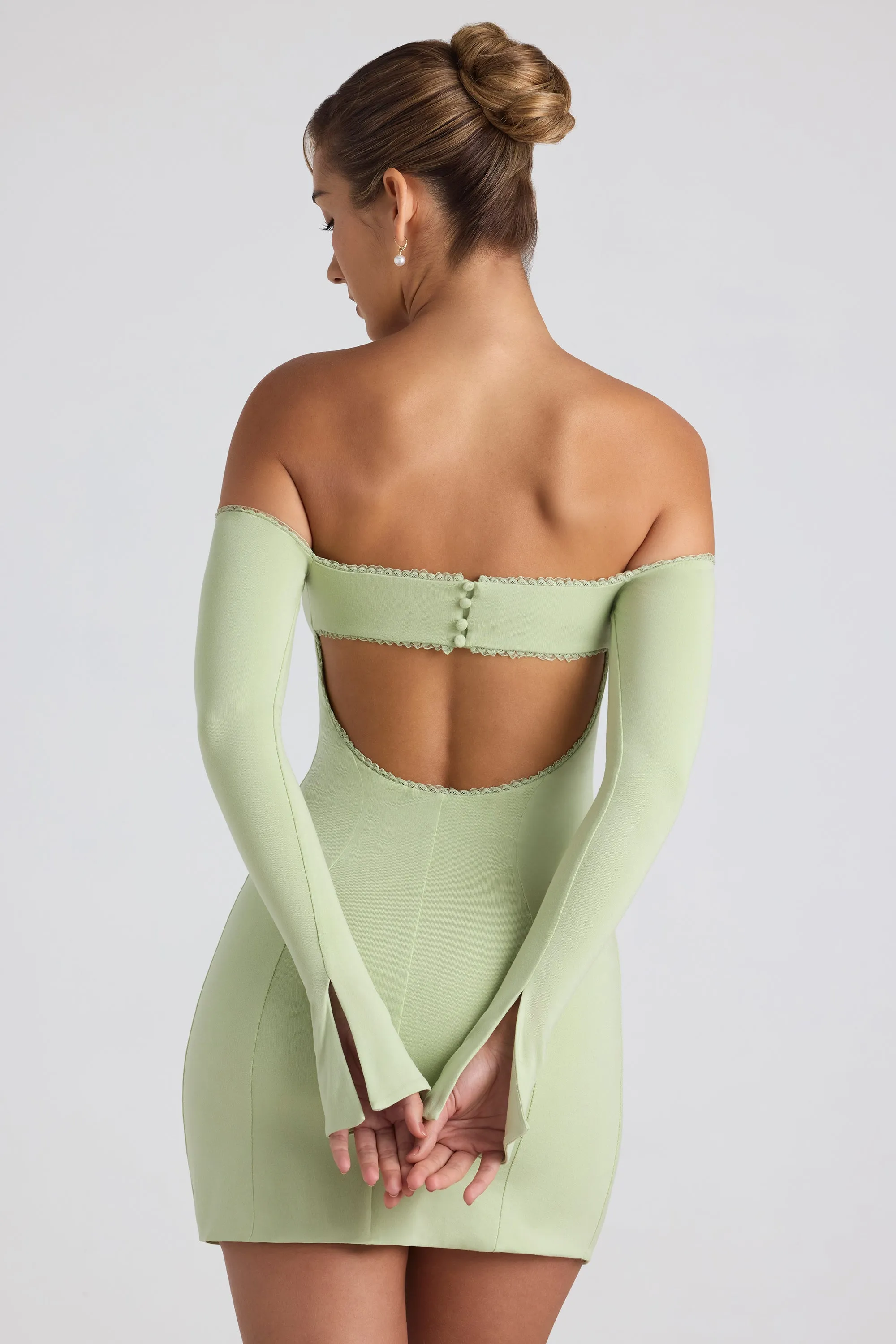 Modal Off-Shoulder Lace-Trim Mini Dress in Spring Green sold by Oh Polly product image thumbnail 2