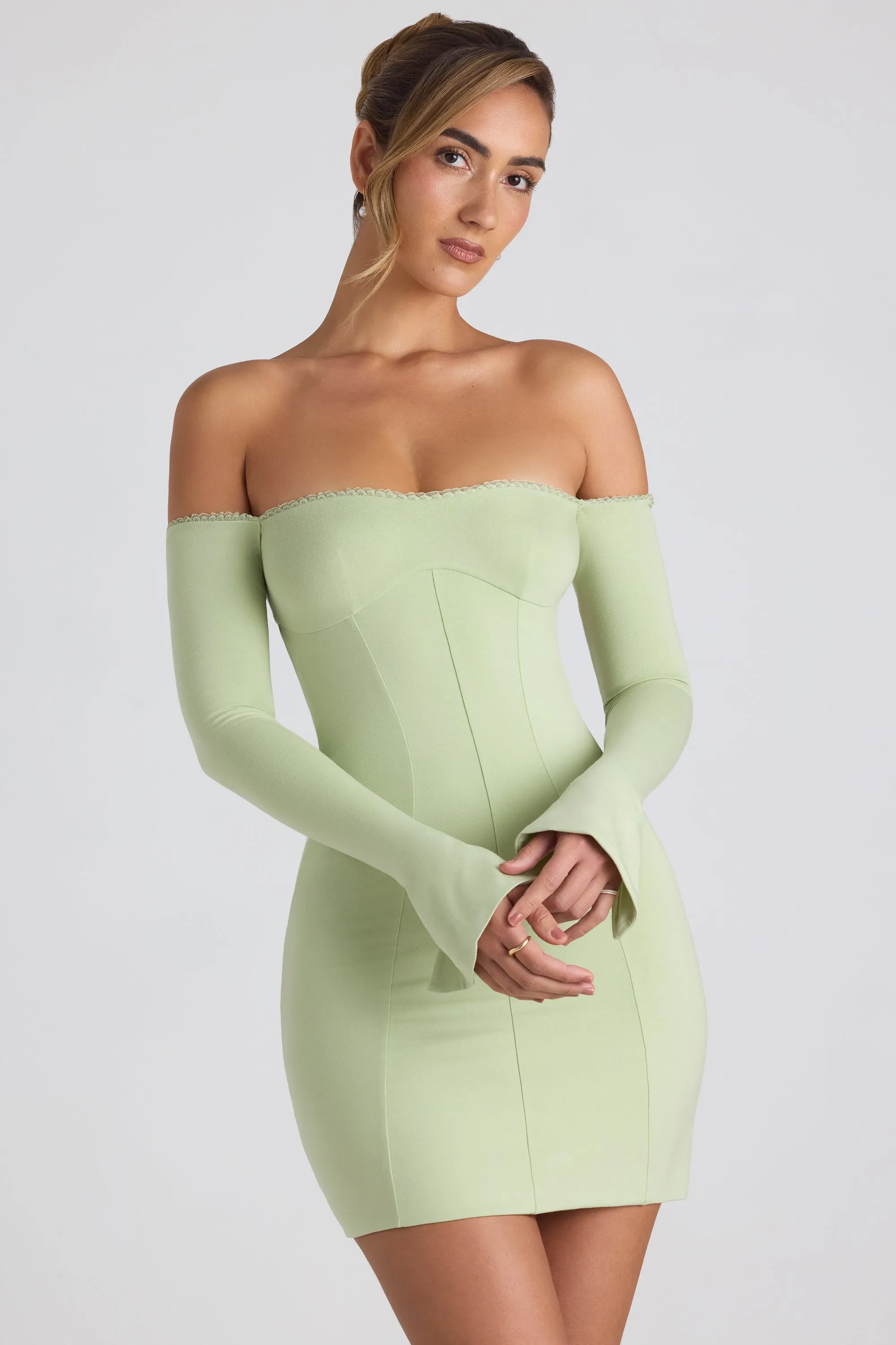 Modal Off-Shoulder Lace-Trim Mini Dress in Spring Green sold by Oh Polly