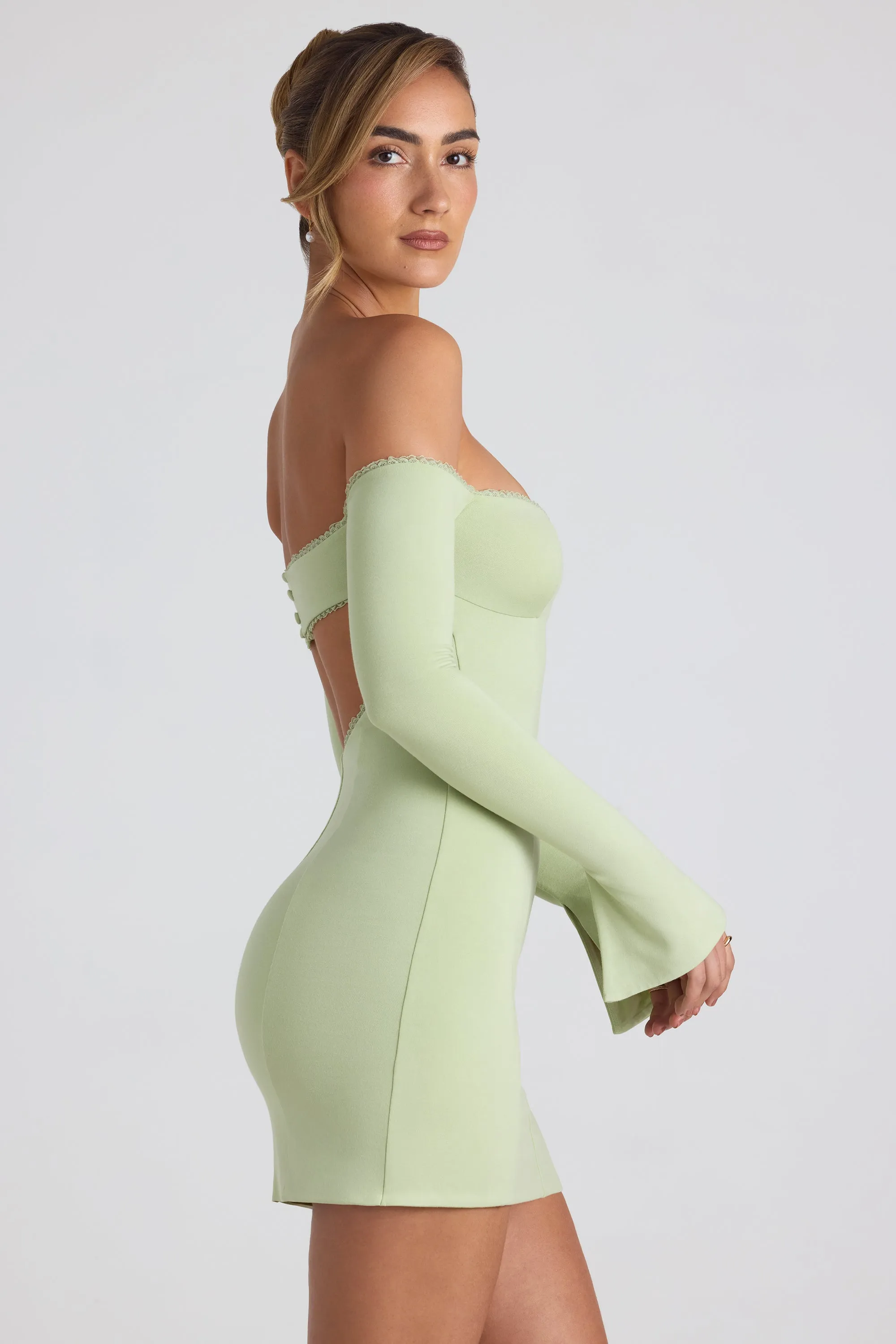 Modal Off-Shoulder Lace-Trim Mini Dress in Spring Green sold by Oh Polly product image thumbnail 3