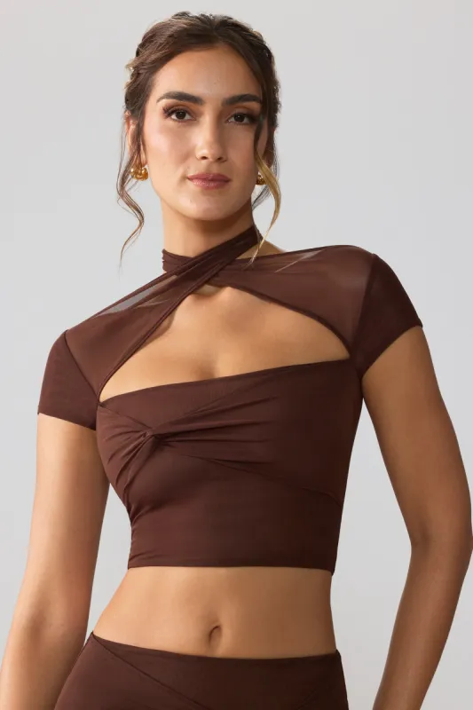 Mesh Cap Sleeve Cut Out Crop Top in Espresso sold by Oh Polly