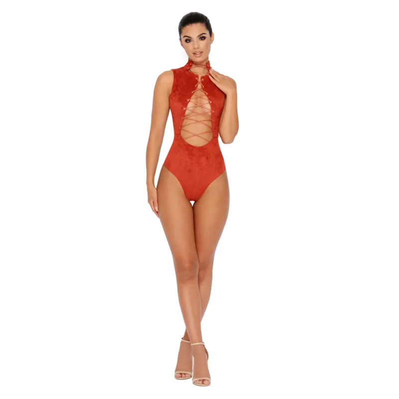 Take Centre Stage Lace Up Suede Corset Bodysuit in Burnt Orange sold by Oh Polly