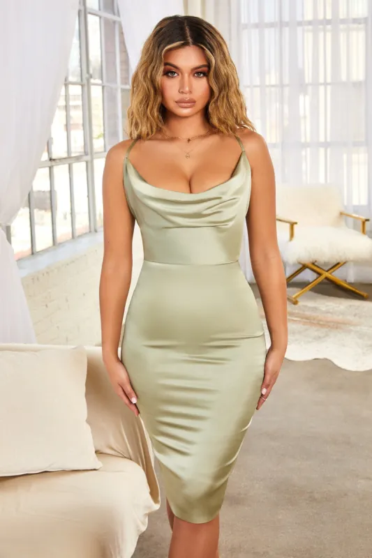 Cowl Play Cowl Neck Satin Midi Dress in Green sold by Oh Polly