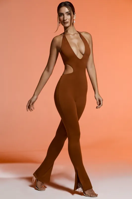 Tall Plunge Neck Cut Out Jumpsuit in Brown sold by Oh Polly