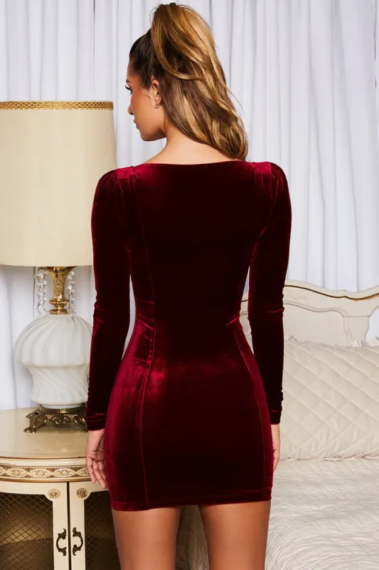 Revamped Square Neck Velvet Mini Dress in Wine sold by Oh Polly