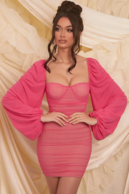 Long Puff Sleeve Ruched Mesh Mini Dress in Hot Pink sold by Oh Polly