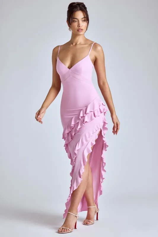 Panelled Ruffle Evening Gown in Baby Pink sold by Oh Polly