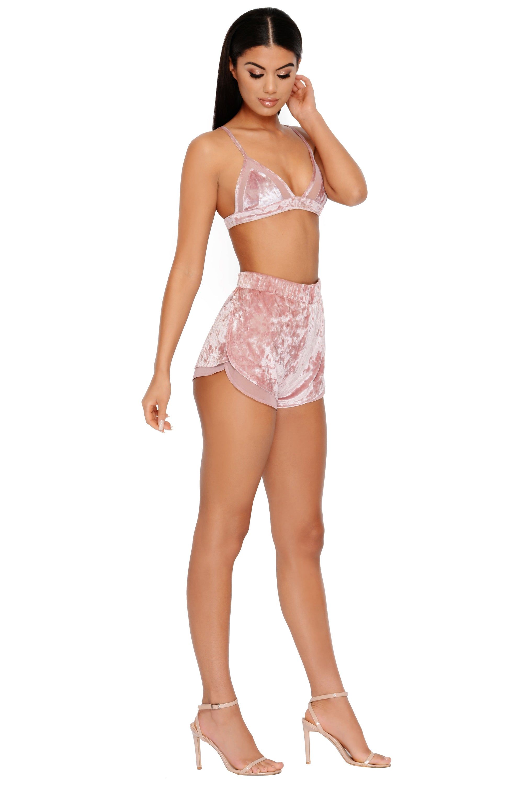 All The Feels Velvet Mesh High Waisted Shorts in Mauve sold by Oh Polly