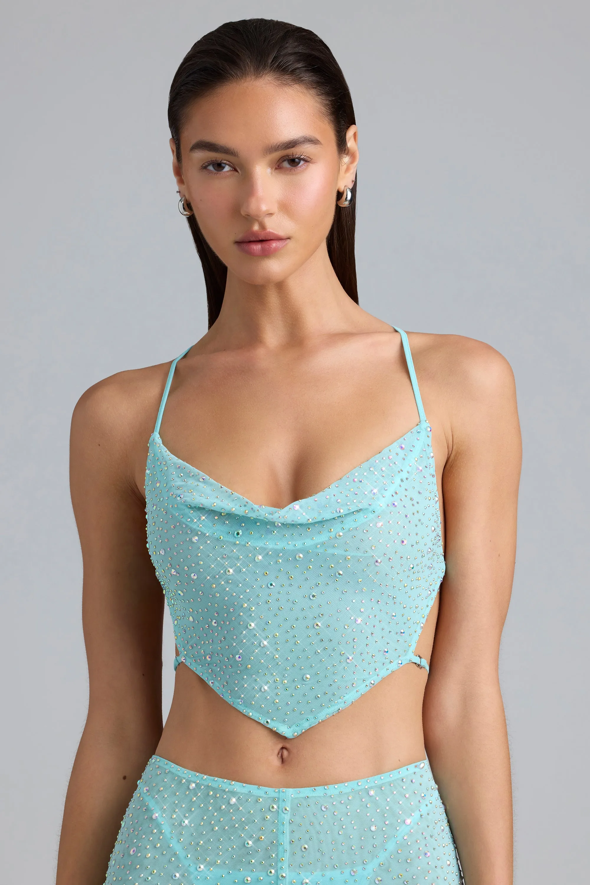 Embellished Cowl-Neck Crop Top in Ice Blue sold by Oh Polly