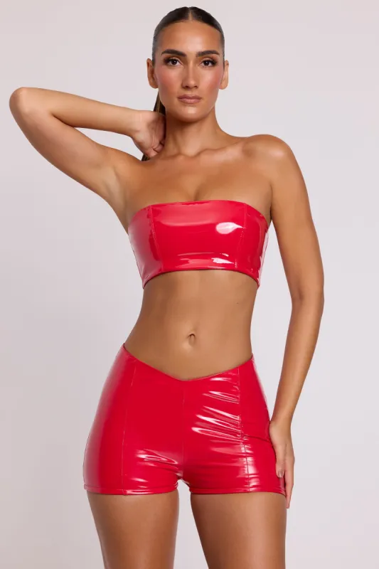 Vinyl Angled Waist Mini Shorts in Fire Red sold by Oh Polly