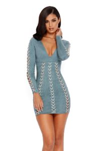 Throw A Curve Ball Lace Up Long Sleeve Mini Dress in Teal sold by Oh Polly