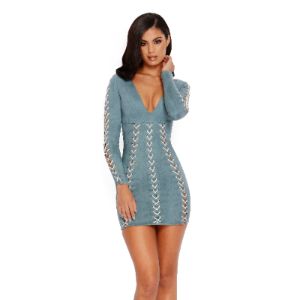 Throw A Curve Ball Lace Up Long Sleeve Mini Dress in Teal sold by Oh Polly