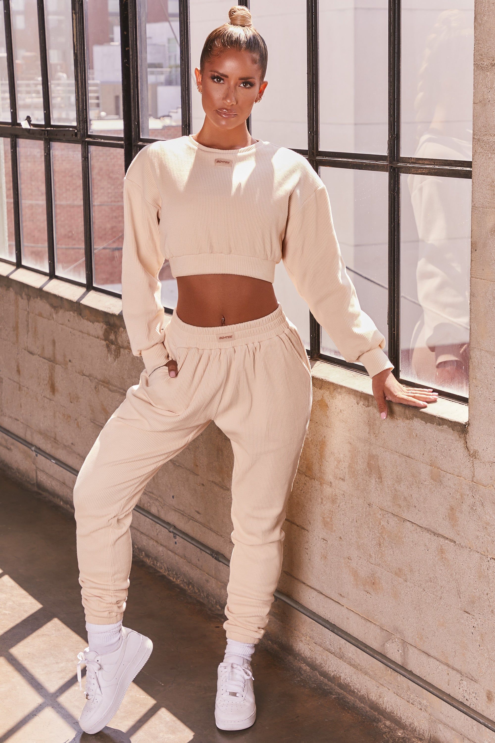 At Ease Ribbed Cropped Oversized Sweatshirt in Cream sold by Oh Polly product image thumbnail 3