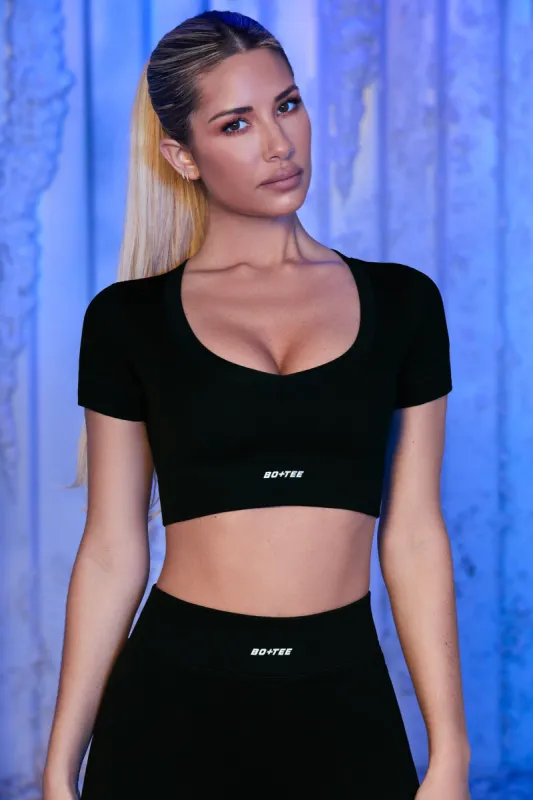 V Neck Short Sleeve Crop Top in Black sold by Oh Polly