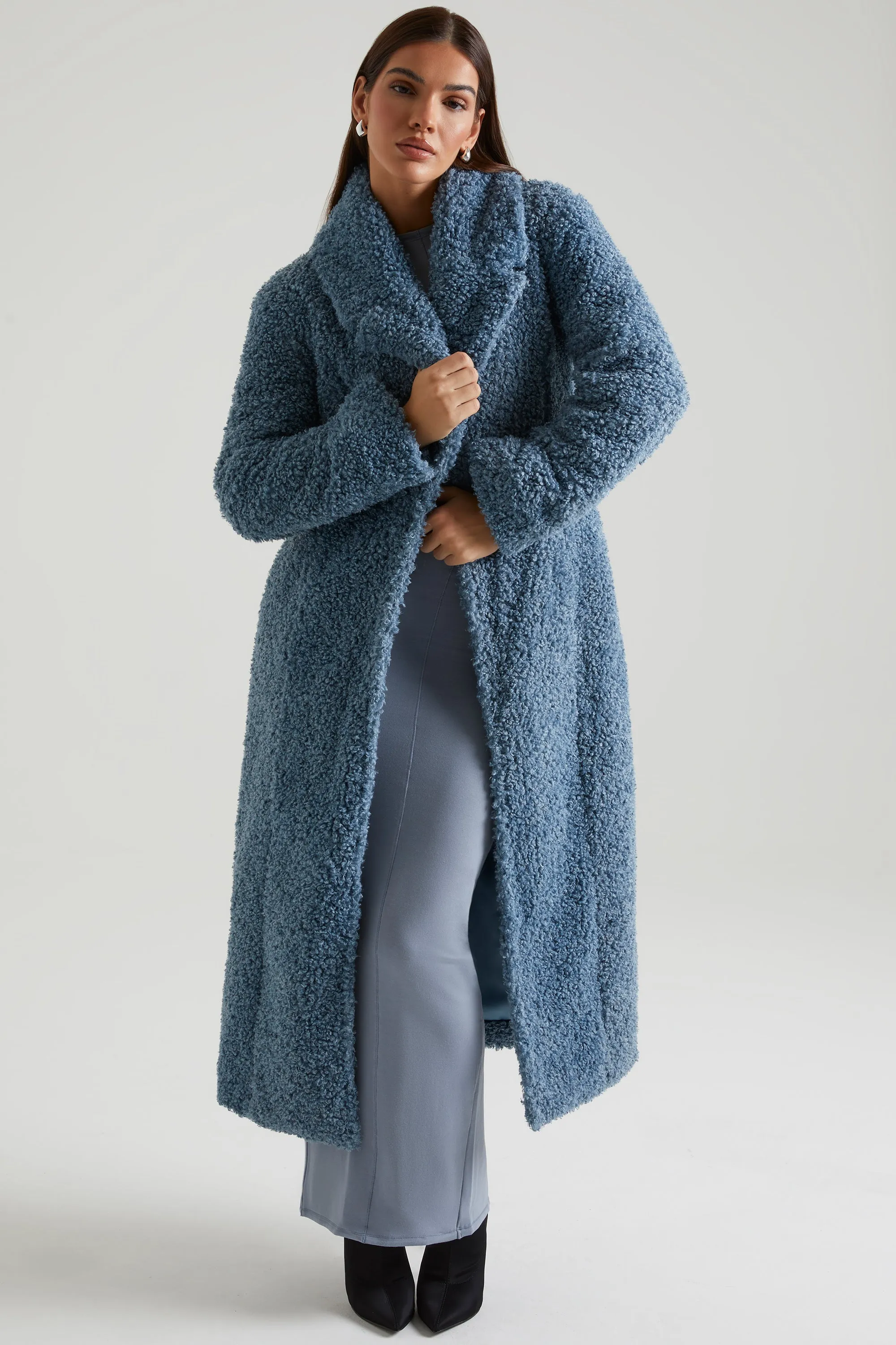 Long Shearling Coat in Blue sold by Oh Polly