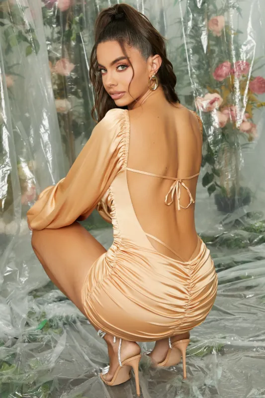 Ruched Long Sleeve Low Back Mini Dress In Beige sold by Oh Polly