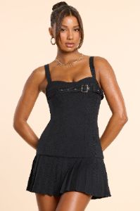 Woven Wool Drop Waist Kilt Mini Dress in Black sold by Oh Polly