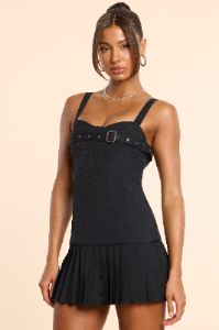 Woven Wool Drop Waist Kilt Mini Dress in Black sold by Oh Polly