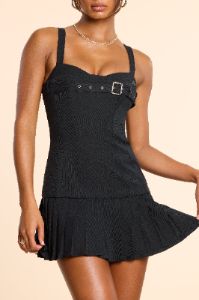 Woven Wool Drop Waist Kilt Mini Dress in Black sold by Oh Polly