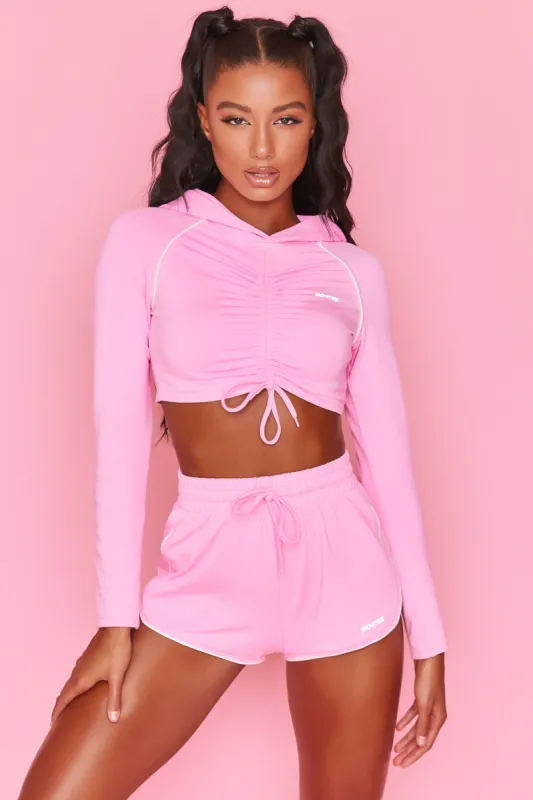 New Goals Cropped Ruched Hoodie in Pink sold by Oh Polly