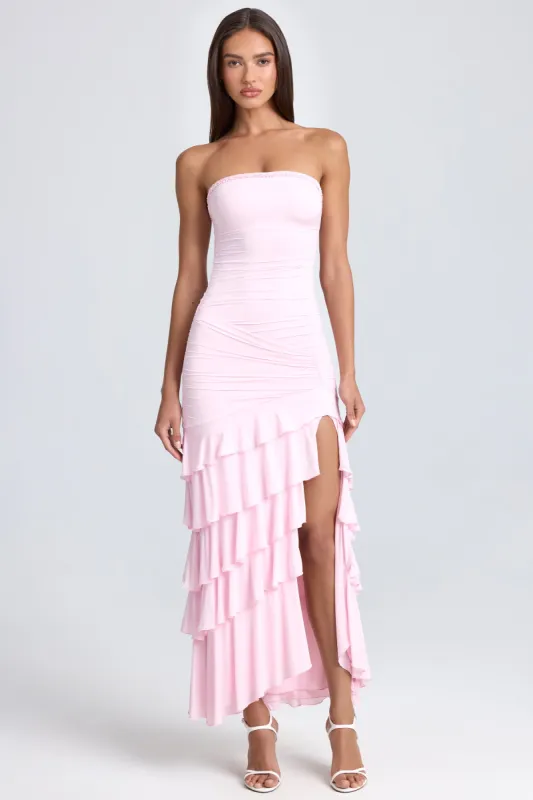 Bandeau Ruched Ruffle-Trim Maxi Dress in Blush sold by Oh Polly