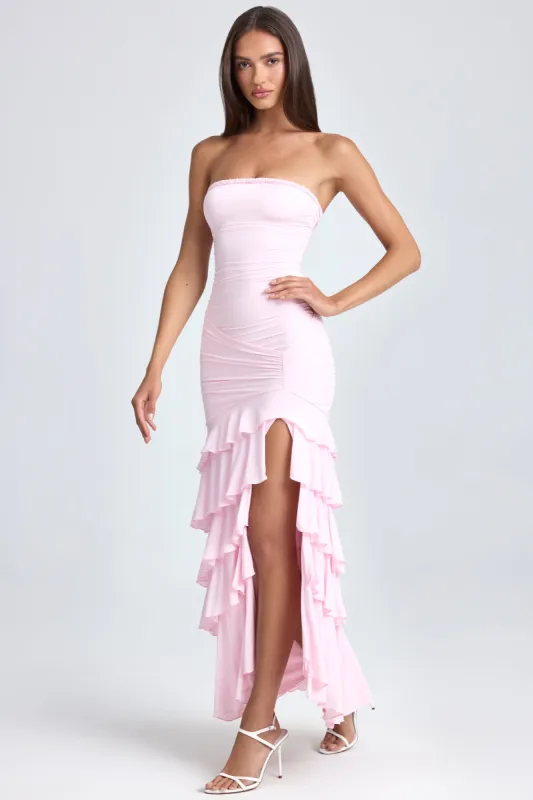 bandeau ruffle detail maxi dress in dusty pink Bandeau Ruched Ruffle-Trim Maxi Dress in Blush
