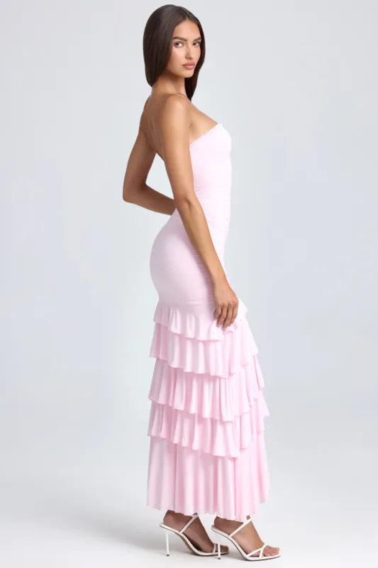 bandeau ruched ruffle trim maxi dress in blush Bandeau Ruffle Detail Maxi Dress in Dusty Pink