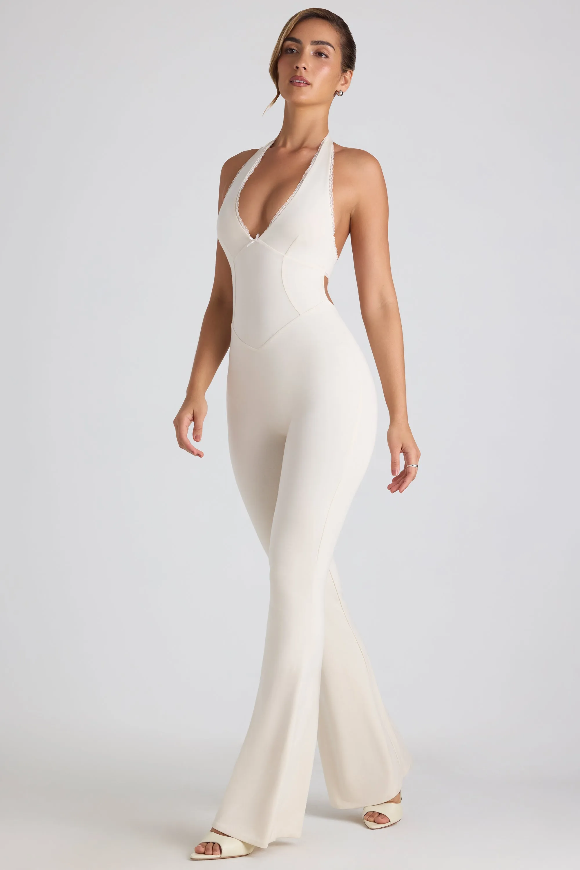 Tall Modal Lace-Trim Cut-Out Flared Jumpsuit in Ivory sold by Oh Polly product image thumbnail 3