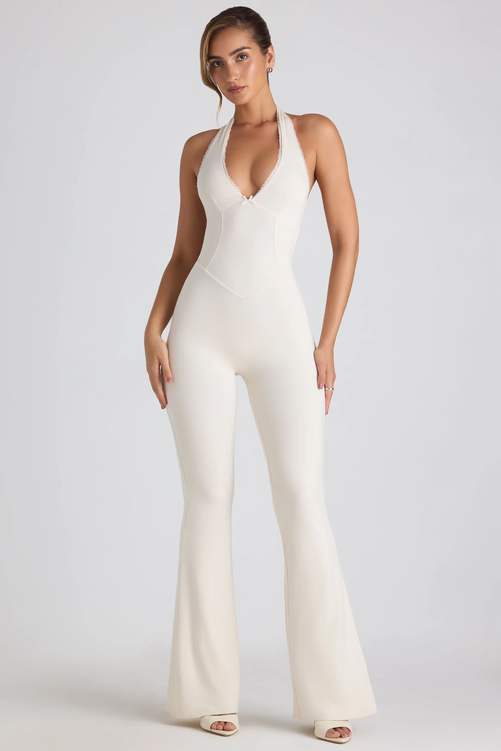 Tall Modal Lace-Trim Cut-Out Flared Jumpsuit in Ivory sold by Oh Polly product image thumbnail 5
